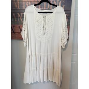 Rip Curl White Boho Mini Dress Small | Eyelet Lace Tassel Flowy